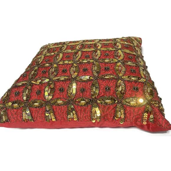 Embellished Accent Throw Pillow Red With Gold Sequins and Silver Accents 14 x 15 - Picture 6 of 7